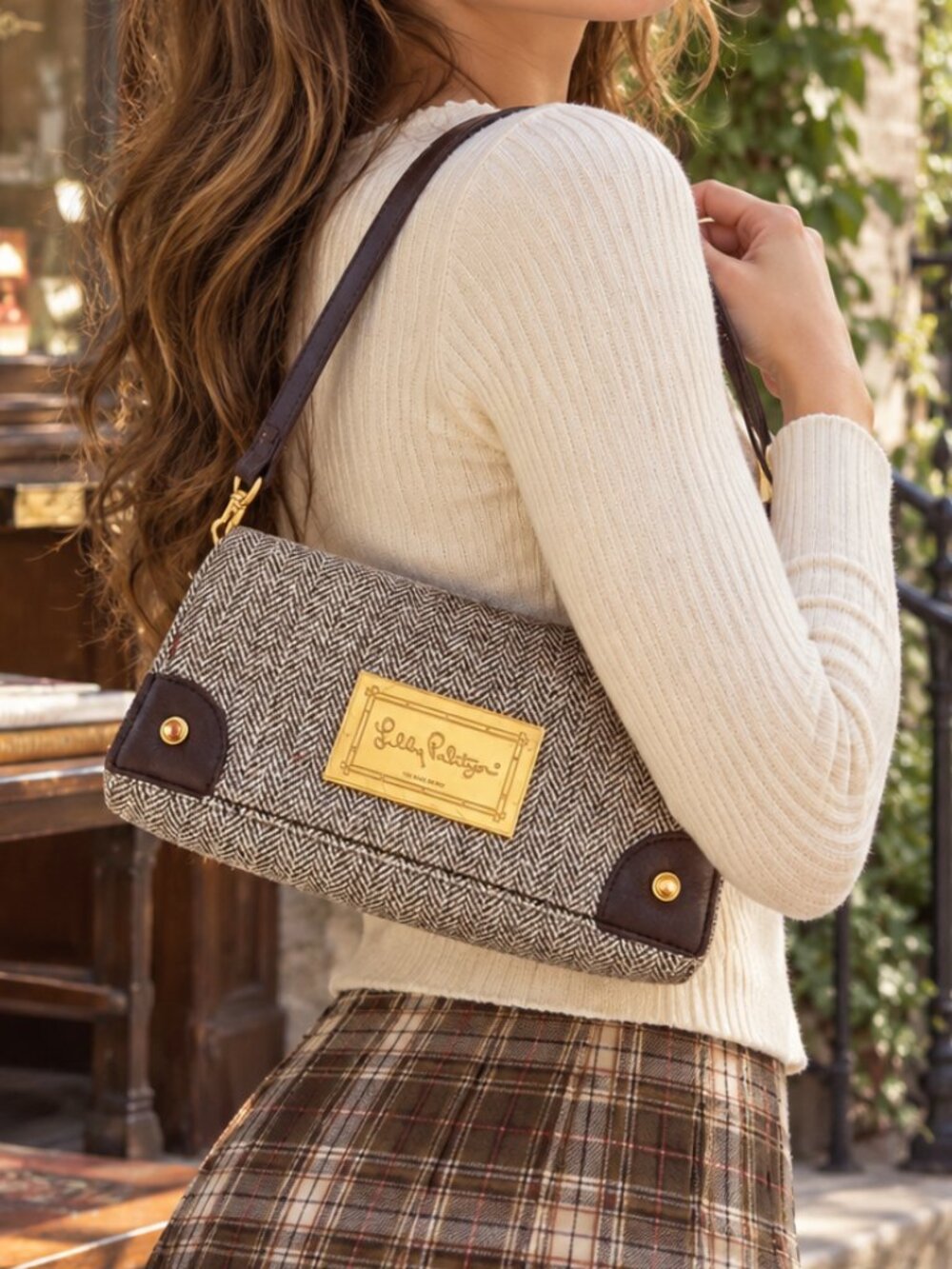 Lilly Pulitzer Via Palm Beach Herringbone Tweed Shoulder Bag Brown Gold